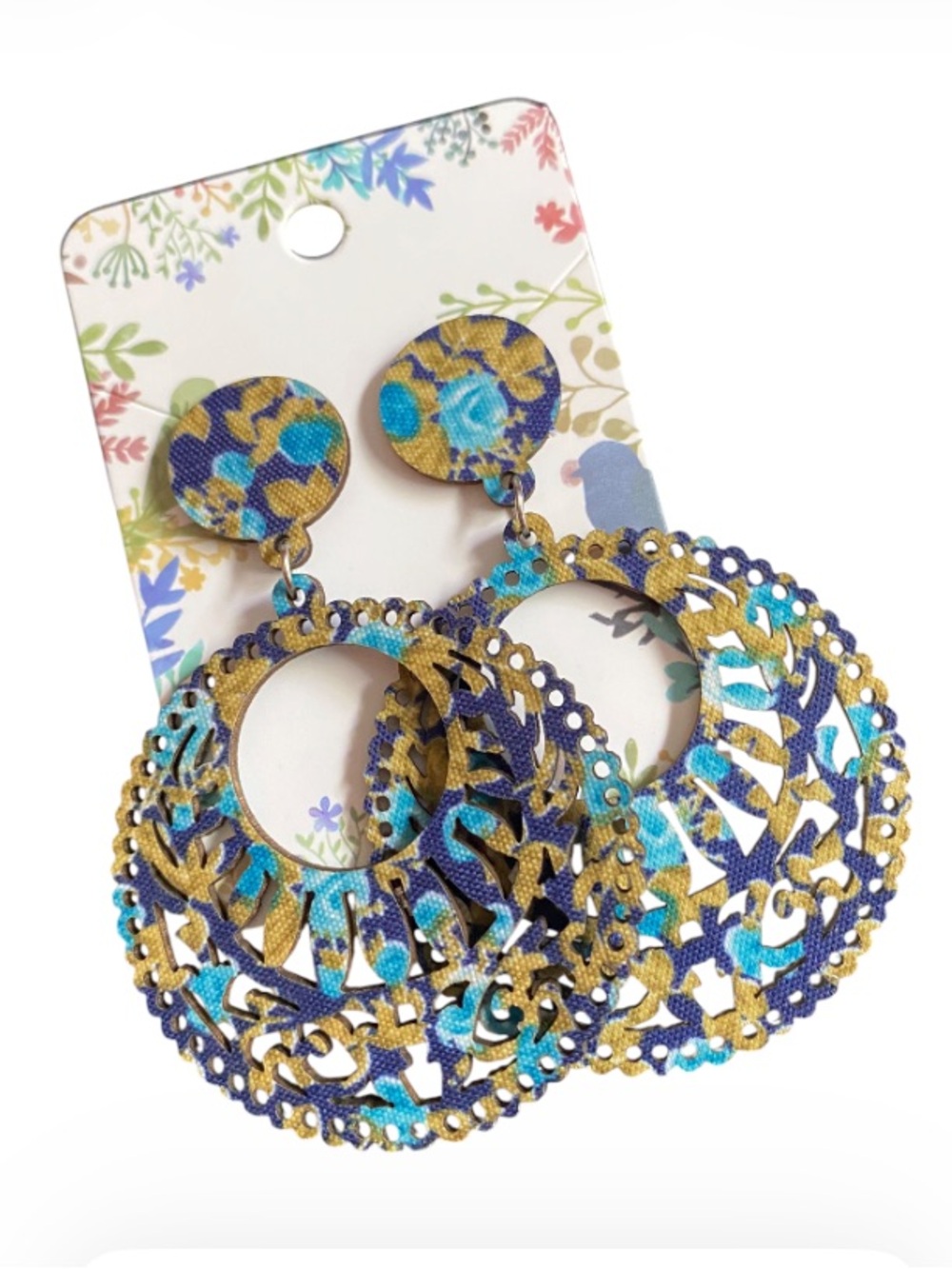 Wooden Laser Cut Drop Earrings - Blue and Golds Boho & Lightweight NEW